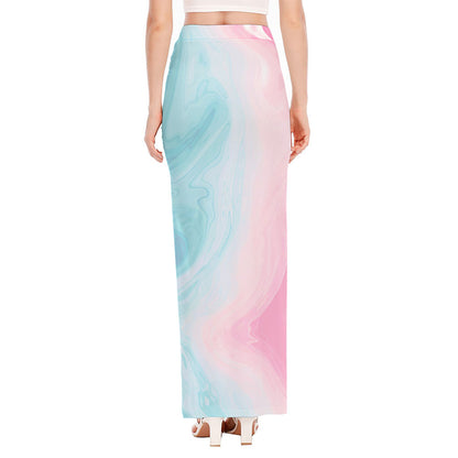 Teal Pink Liquid Marble Print High Slit Maxi Skirt