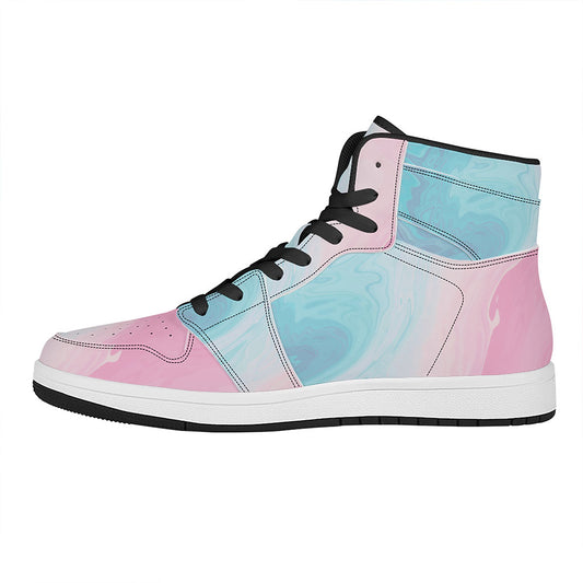 Teal Pink Liquid Marble Print High Top Leather Sneakers