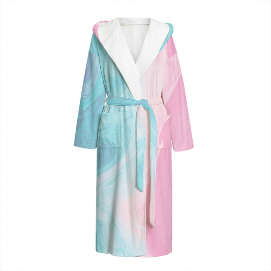 Teal Pink Liquid Marble Print Hooded Bathrobe