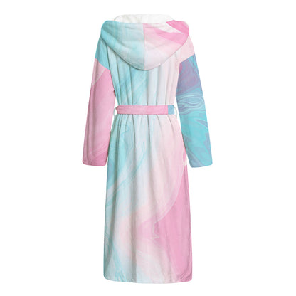 Teal Pink Liquid Marble Print Hooded Bathrobe