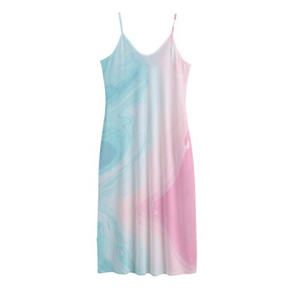 Teal Pink Liquid Marble Print Jersey Midi Cami Dress