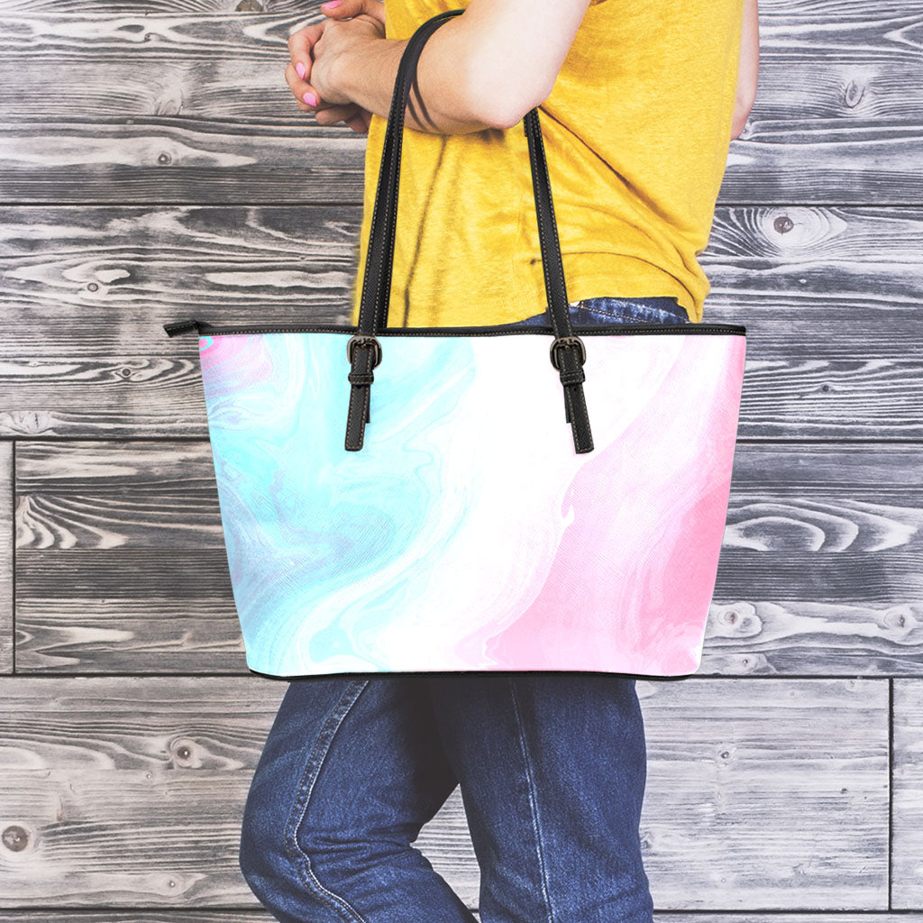 Teal Pink Liquid Marble Print Leather Tote Bag