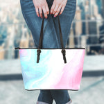 Teal Pink Liquid Marble Print Leather Tote Bag