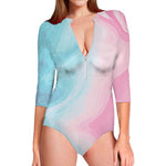 Teal Pink Liquid Marble Print Long Sleeve Swimsuit