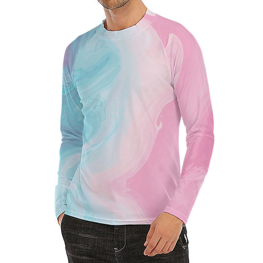 Teal Pink Liquid Marble Print Men's Long Sleeve Rash Guard