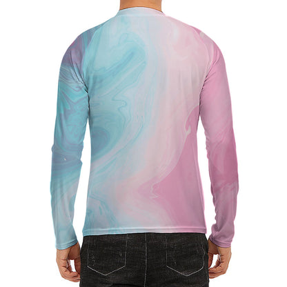 Teal Pink Liquid Marble Print Men's Long Sleeve Rash Guard