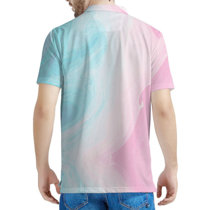 Teal Pink Liquid Marble Print Men's Polo Shirt