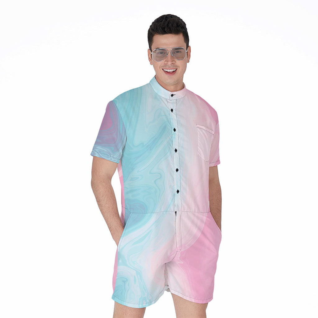 Teal Pink Liquid Marble Print Men's Rompers