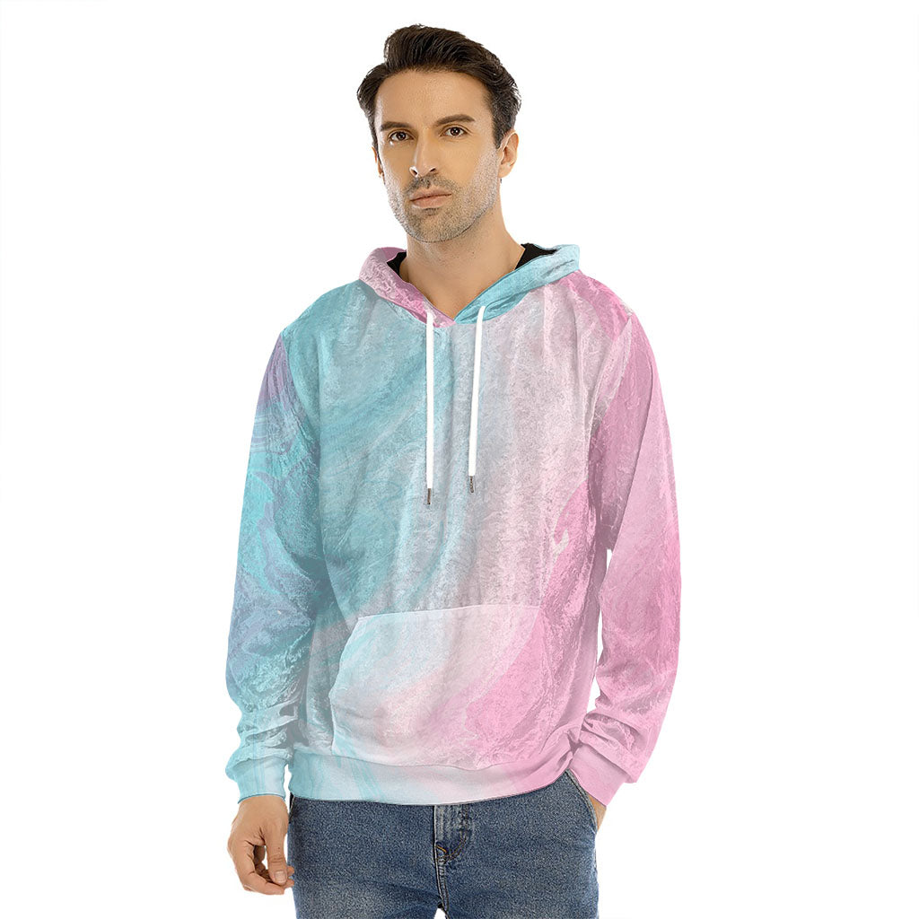 Teal Pink Liquid Marble Print Men's Velvet Pullover Hoodie