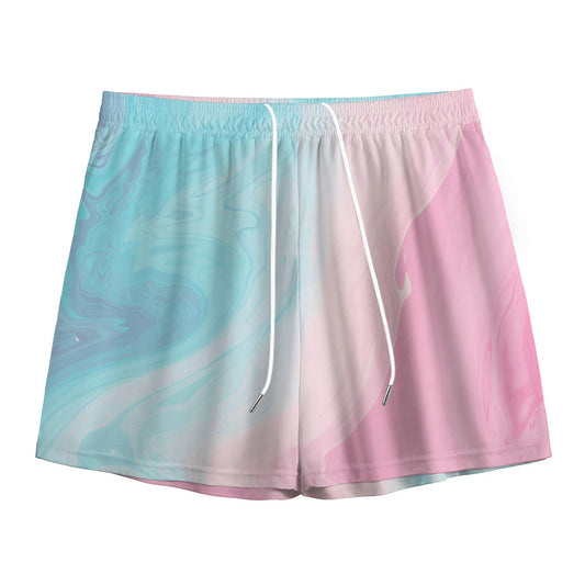 Teal Pink Liquid Marble Print Mesh Shorts