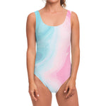 Teal Pink Liquid Marble Print One Piece Swimsuit