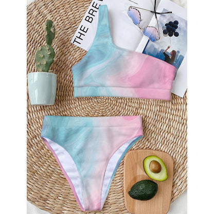 Teal Pink Liquid Marble Print One Shoulder Bikini Top