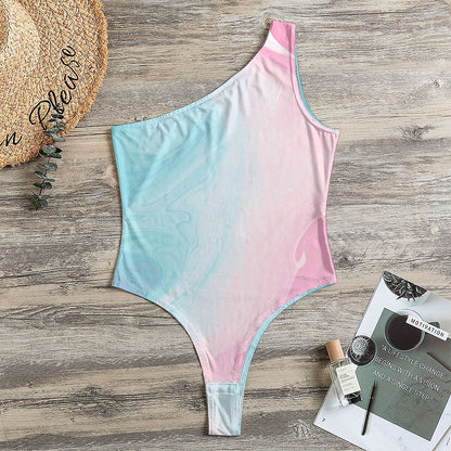 Teal Pink Liquid Marble Print One Shoulder Bodysuit
