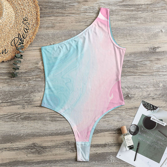 Teal Pink Liquid Marble Print One Shoulder Bodysuit