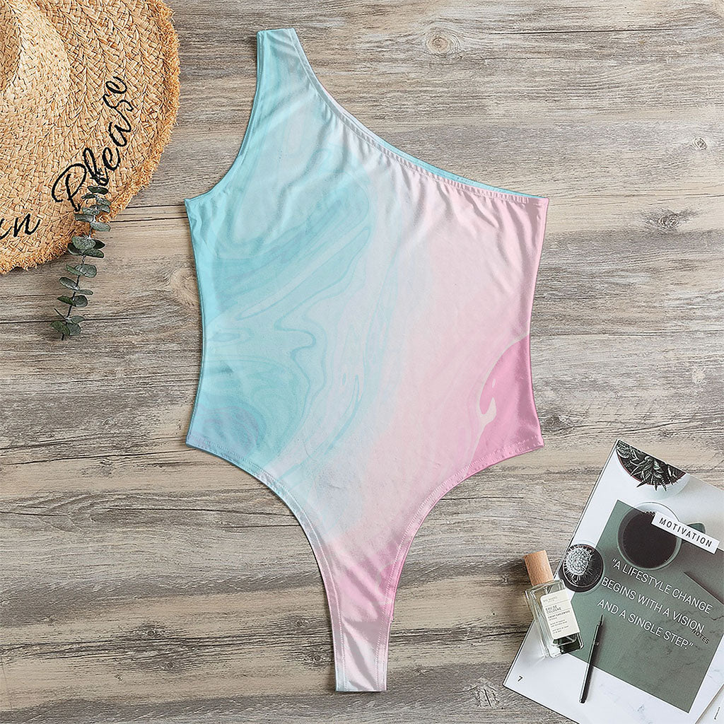 Teal Pink Liquid Marble Print One Shoulder Bodysuit