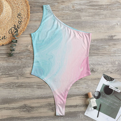 Teal Pink Liquid Marble Print One Shoulder Bodysuit