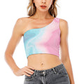 Teal Pink Liquid Marble Print One Shoulder Crop Top