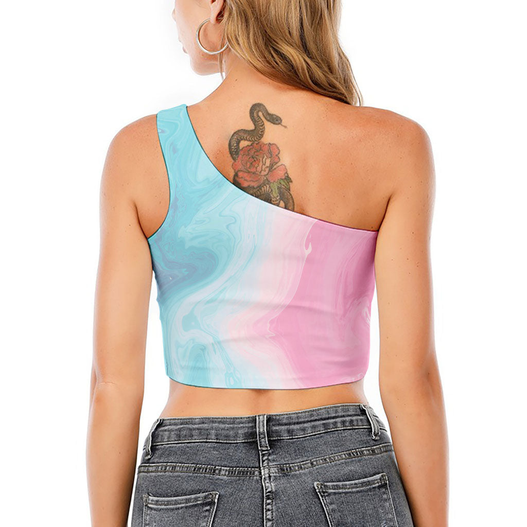 Teal Pink Liquid Marble Print One Shoulder Crop Top