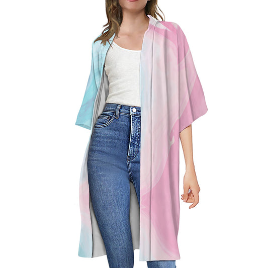 Teal Pink Liquid Marble Print Open Front Beach Cover Up