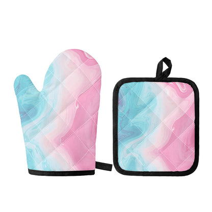 Teal Pink Liquid Marble Print Oven Mitt And Pot Holder Set