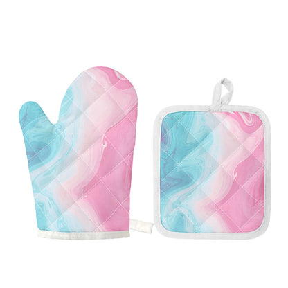 Teal Pink Liquid Marble Print Oven Mitt And Pot Holder Set