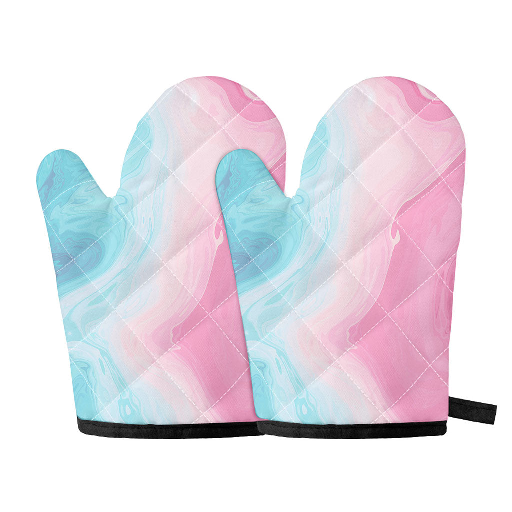 Teal Pink Liquid Marble Print Oven Mitts