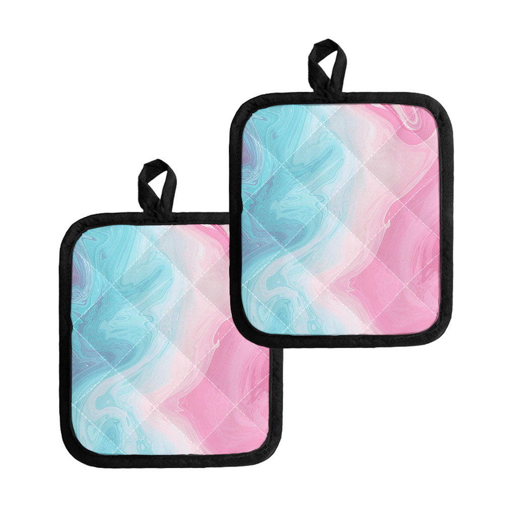 Teal Pink Liquid Marble Print Pot Holders