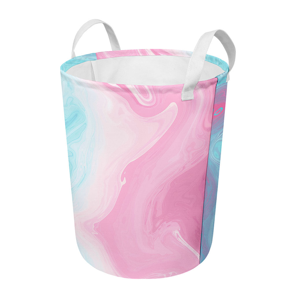 Teal Pink Liquid Marble Print Round Laundry Basket