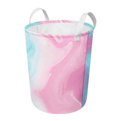 Teal Pink Liquid Marble Print Round Laundry Basket