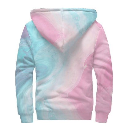 Teal Pink Liquid Marble Print Sherpa Lined Zip Up Hoodie