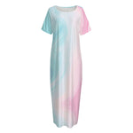 Teal Pink Liquid Marble Print Short Sleeve Long Nightdress