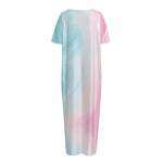 Teal Pink Liquid Marble Print Short Sleeve Long Nightdress