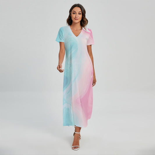 Teal Pink Liquid Marble Print Short Sleeve Maxi Dress