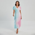 Teal Pink Liquid Marble Print Short Sleeve Maxi Dress