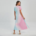 Teal Pink Liquid Marble Print Short Sleeve Maxi Dress