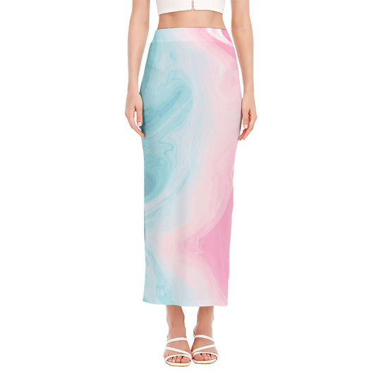 Teal Pink Liquid Marble Print Side Slit Maxi Skirt