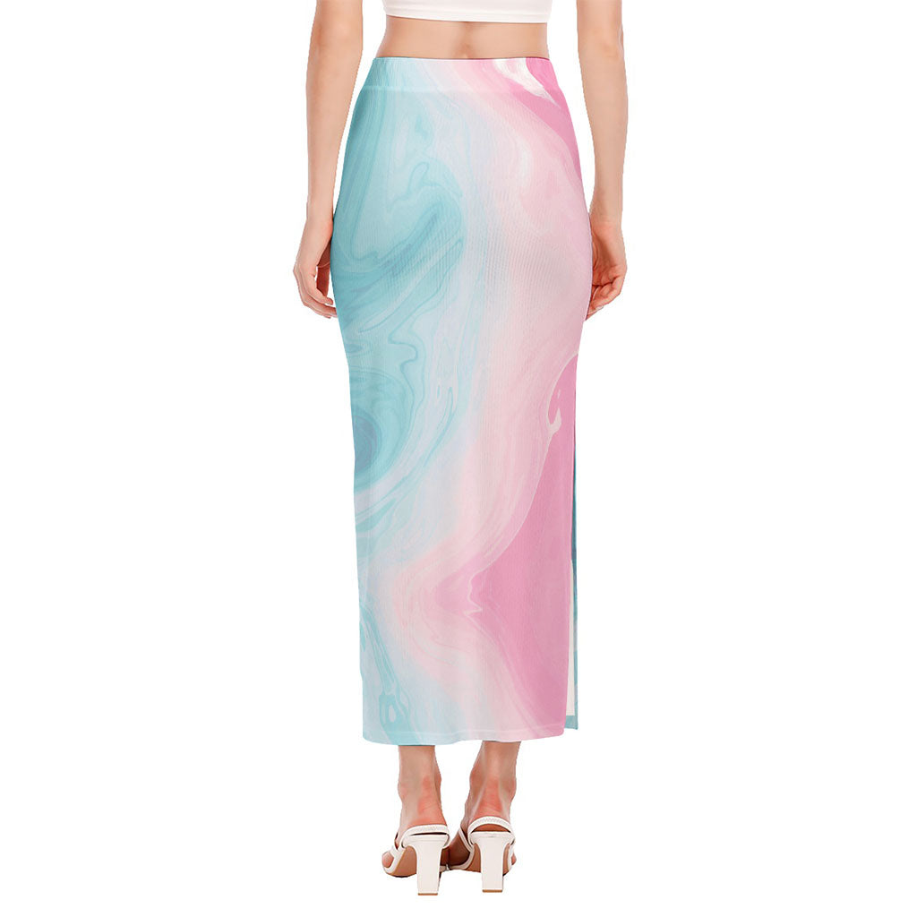 Teal Pink Liquid Marble Print Side Slit Maxi Skirt