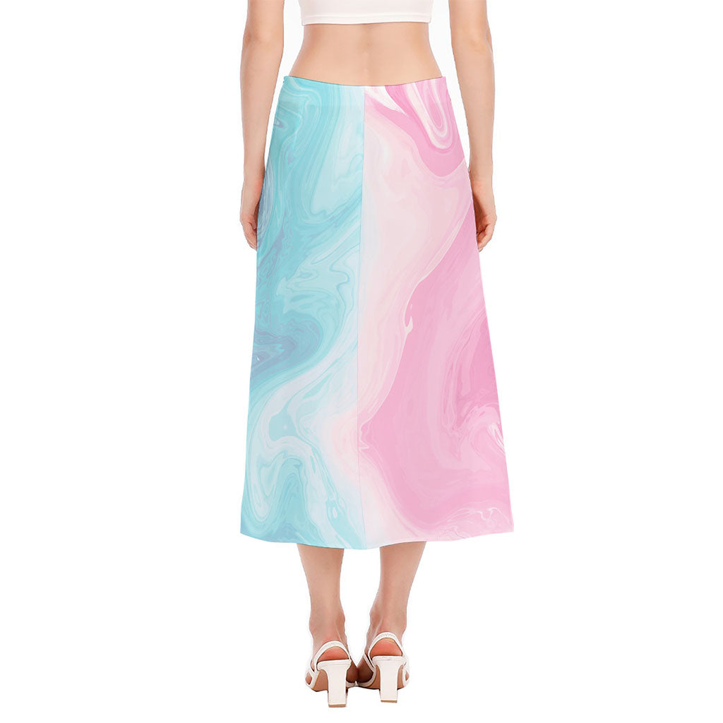 Teal Pink Liquid Marble Print Side Slit Midi Skirt