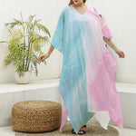 Teal Pink Liquid Marble Print Silk V-Neck Kaftan Dress