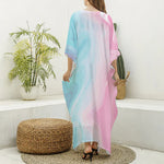 Teal Pink Liquid Marble Print Silk V-Neck Kaftan Dress