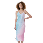 Teal Pink Liquid Marble Print Slim Fit Midi Cami Dress