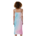 Teal Pink Liquid Marble Print Slim Fit Midi Cami Dress