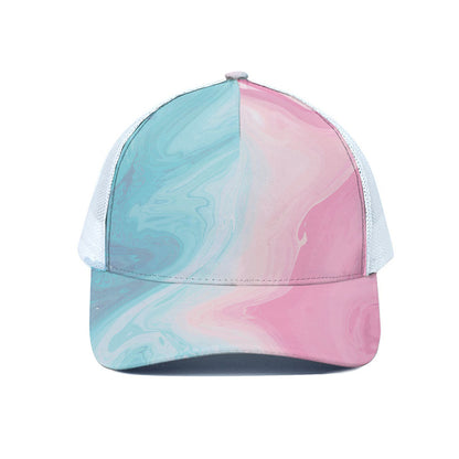 Teal Pink Liquid Marble Print White Mesh Trucker Cap