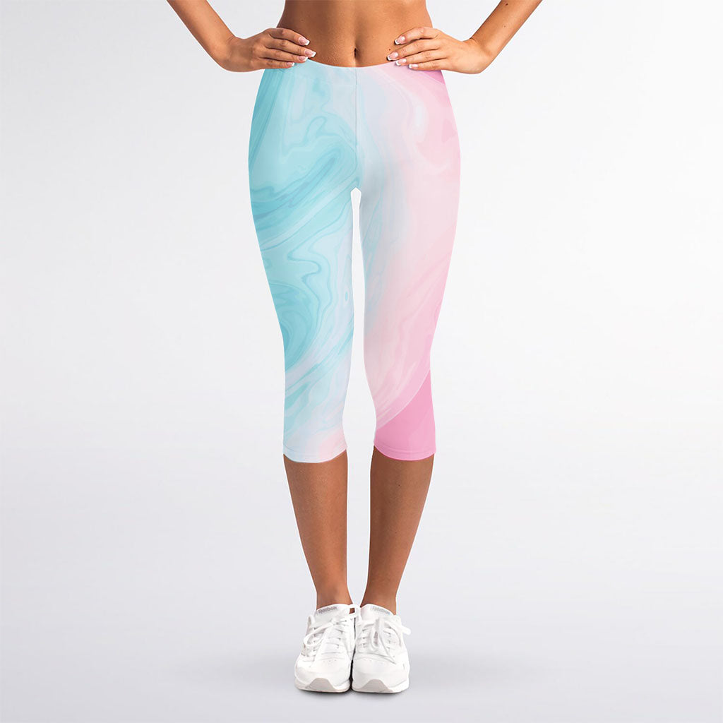 Teal Pink Liquid Marble Print Women's Capri Leggings