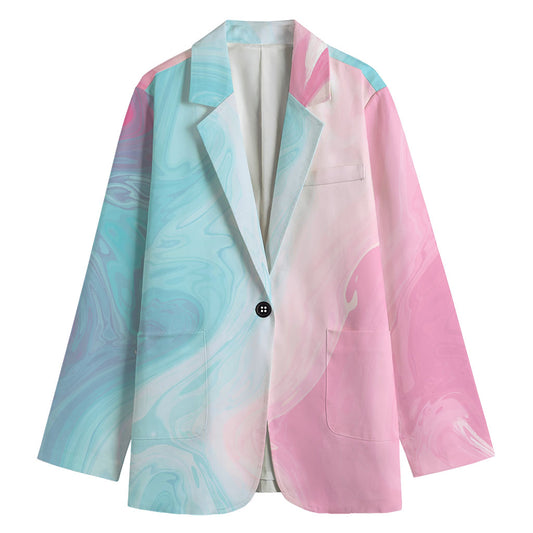 Teal Pink Liquid Marble Print Women's Cotton Blazer
