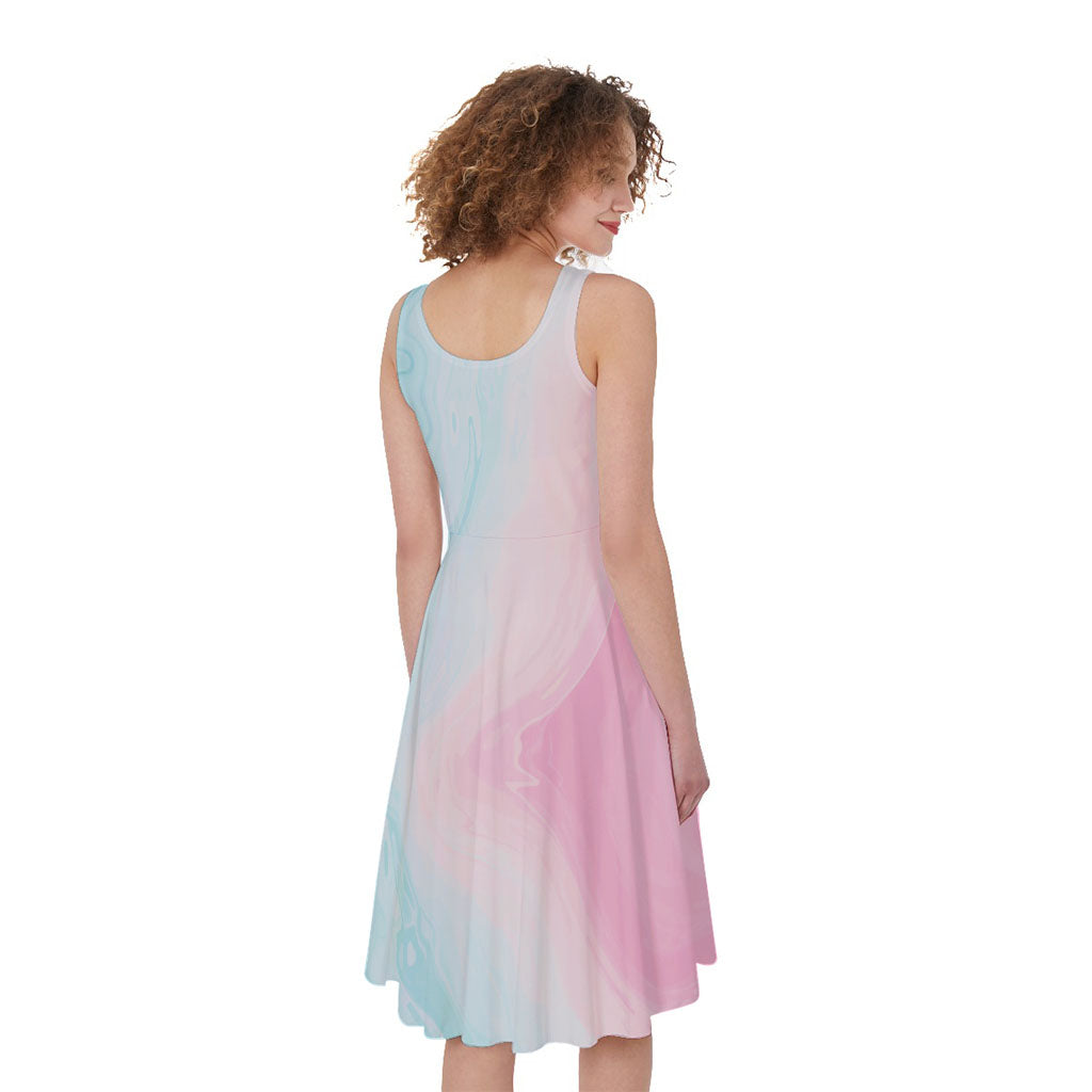 Teal Pink Liquid Marble Print Women's Sleeveless Dress