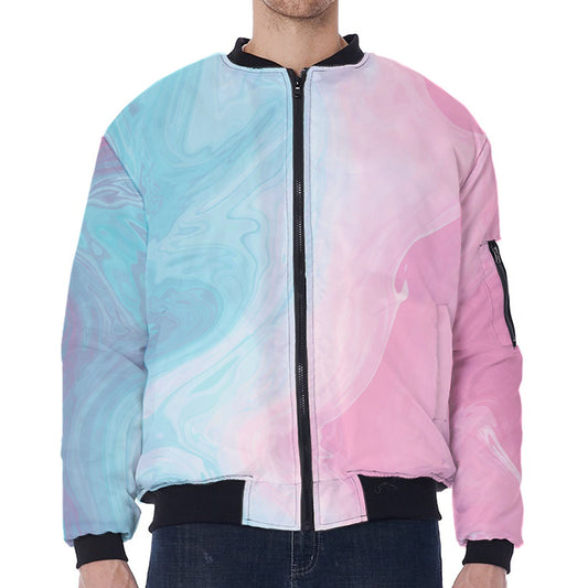 Teal Pink Liquid Marble Print Zip Sleeve Bomber Jacket