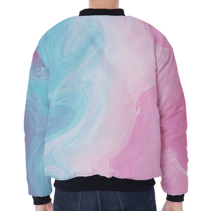 Teal Pink Liquid Marble Print Zip Sleeve Bomber Jacket