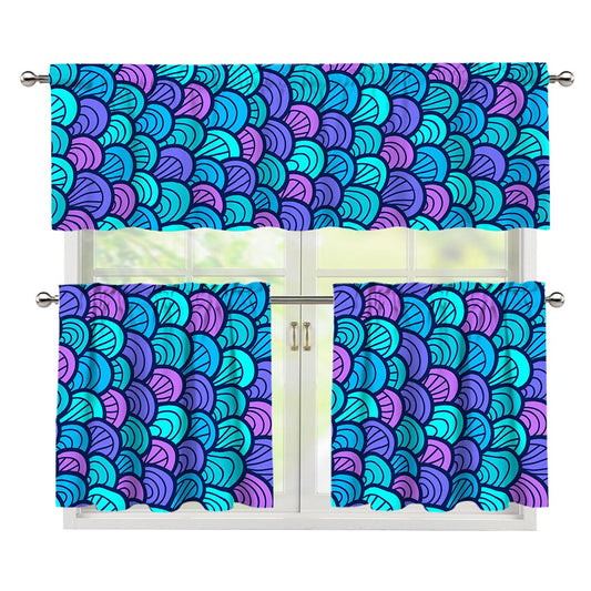 Teal Pink Mermaid Scales Pattern Print 3 Piece Kitchen Curtains