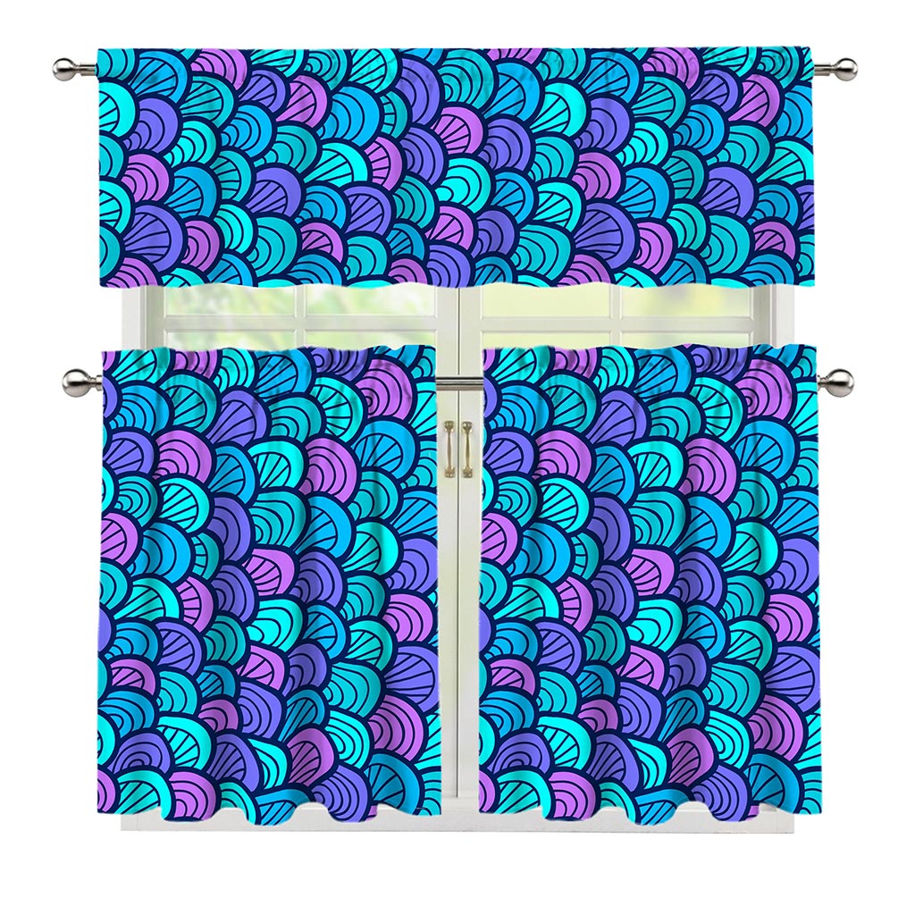 Teal Pink Mermaid Scales Pattern Print 3 Piece Kitchen Curtains